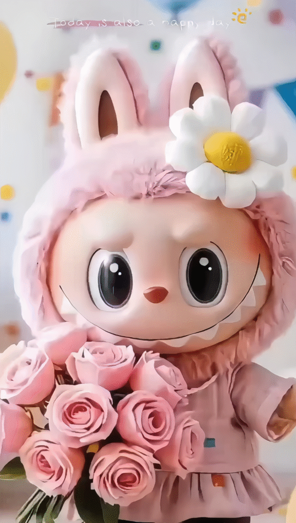 Labubu wearing a sunflower on her head