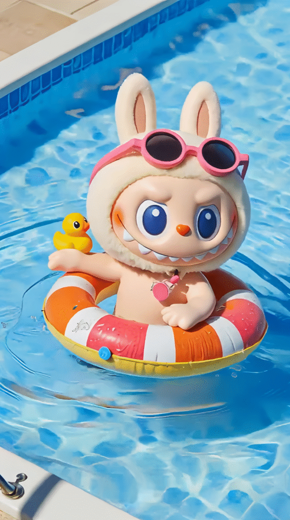 Labubu with a little duck wearing sunglasses on its back