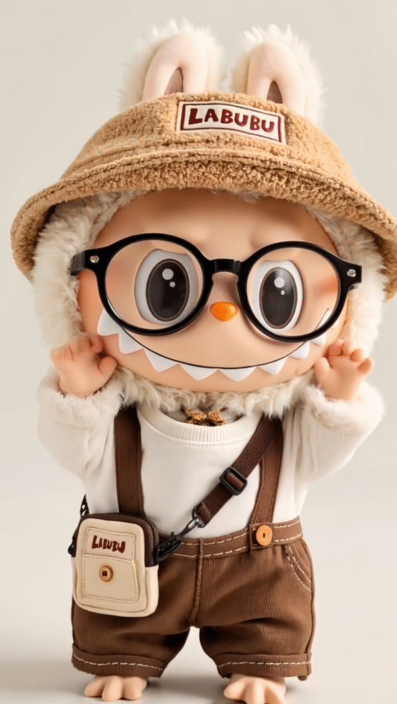 Labubu wearing glasses and overalls