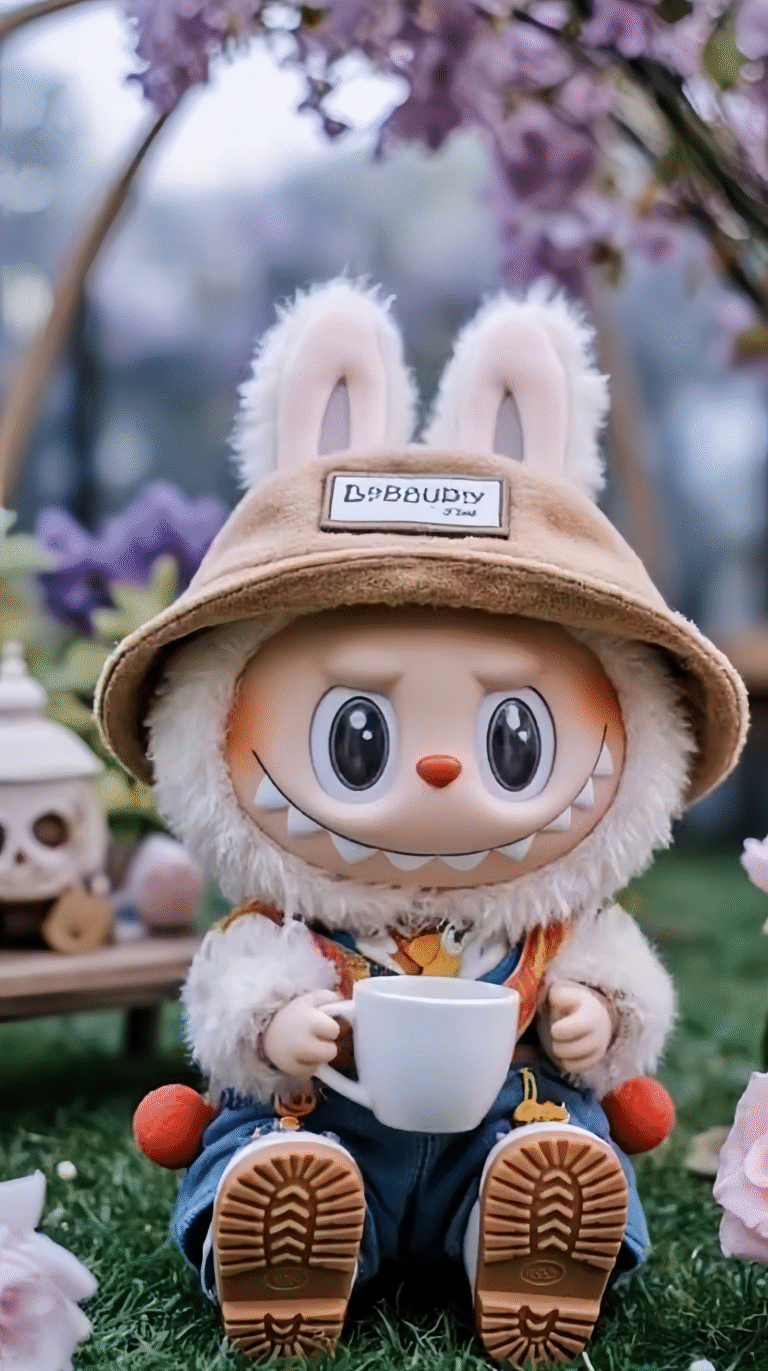Labubu holding a cup of coffee