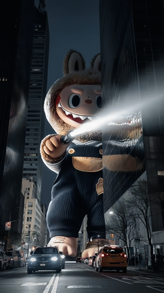 Shine the flashlight on the labubu ahead.