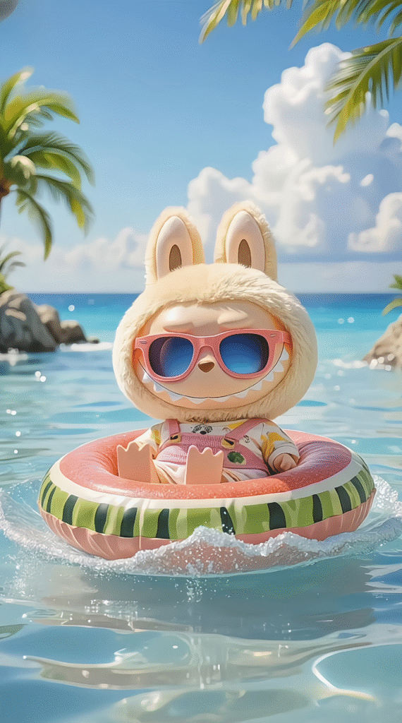 Labubu sitting inside a watermelon