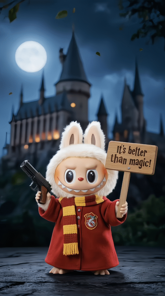 In labubu outside the magic castle