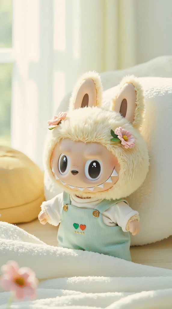 Labubu with a cushion behind her